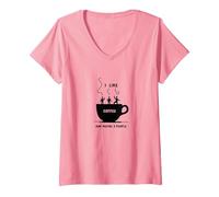 Mi Piace Il caffè e Forse 3 Persone Grafica Divertente Maglietta con Collo a V, Donna, Rosa, S