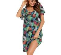 MIA LUCCE Camicia da notte da donna a maniche corte e pigiama comoda in cotone con stampa alla moda per dormire e tempo libero, taglie S-3XL, Piume nere e verdi, XXL