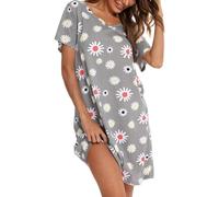 MIA LUCCE Camicia da notte da donna, a maniche corte, in cotone, con stampa floreale e scollo rotondo, Grigio, M