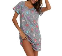 MIA LUCCE Camicia da notte da donna, a maniche corte, in cotone, con stampa gatto grigio, M
