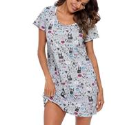 MIA LUCCE Camicia da notte da donna, a maniche corte, in cotone, da notte, con stampa e scollo rotondo, cane, L, Grigio