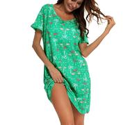 MIA LUCCE Camicia da notte da donna, a maniche corte, in cotone, da notte, da notte, da notte, con stampa e scollo rotondo, Fenicottero verde, 3XL