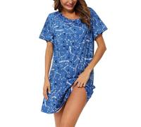 MIA LUCCE Camicia da notte da donna, a maniche corte, in cotone, da notte, da notte, da notte, con stampa e scollo rotondo, Stella blu, XL