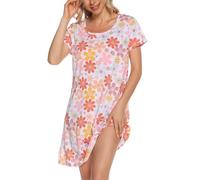 MIA LUCCE Camicia da notte da donna, a maniche corte, in cotone, da notte, da notte, da notte, con stampa e scollo rotondo, Fiori rosa, L