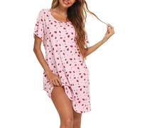 MIA LUCCE Camicia da notte da donna, a maniche corte, in cotone, da notte, da notte, da notte, con stampa e scollo rotondo, Pink Ladybug, L