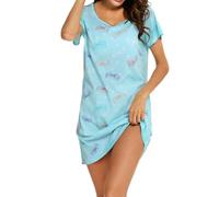 MIA LUCCE Camicia da notte da donna, a maniche corte, in cotone, da notte, da notte, da notte, con stampa e scollo rotondo, Farfalla blu, S