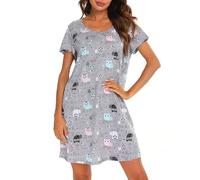 MIA LUCCE Camicia da notte da donna, a maniche corte, in cotone, da notte, da notte, da notte, con stampa e scollo rotondo, gufo, M