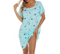MIA LUCCE Camicia da notte da donna, a maniche corte, in cotone, da notte, da notte, da notte, con stampa e scollo rotondo, Stella azzurra, L