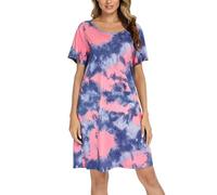 MIA LUCCE Camicia da notte da donna, a maniche corte, in cotone, da notte, da notte, da notte, con stampa e scollo rotondo, Blu Rosso Tiedye, XL