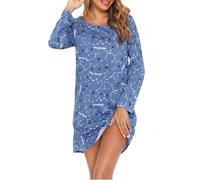 MIA LUCCE Camicia da notte da donna, a maniche lunghe, da notte, in cotone, da notte, da notte, da donna, morbida e leggera, da notte, Stella blu, XL