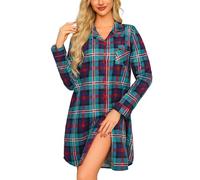 MIA LUCCE Camicia da notte da donna, camicia da notte con flanella, camicia da notte con bottoni e plaid, camicia da notte da donna lunga, S