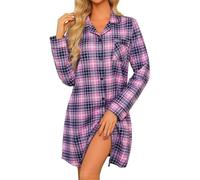 MIA LUCCE Camicia da notte da donna, con flanella, camicia da notte con abbottonatura e plaid, Griglia viola magenta, L