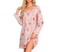 MIA LUCCE Camicia da Notte da Donna con Simpatiche Stampe, Lunga con Scollo Rotondo, Pecora Rosa, L
