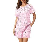 MIA LUCCE Pigiama corto da donna in cotone | Set di biancheria da notte estiva da donna, due pezzi, con scollo rotondo o scollo a V, top e pantaloncini da notte