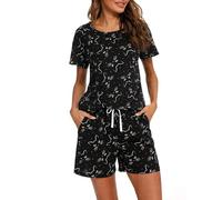 MIA LUCCE Pigiama corto da donna in cotone | Set di biancheria da notte estiva da donna, due pezzi, con scollo rotondo o scollo a V, top e pantaloncini da notte