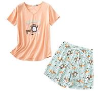 MIA LUCCE Pigiama corto da donna in cotone | Set di biancheria da notte estiva da donna, due pezzi, con scollo rotondo o scollo a V, top e pantaloncini da notte