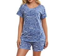 MIA LUCCE Pigiama da donna corto in cotone, biancheria da notte in due pezzi, da donna, estivo, con motivo carino, top e pigiama, con scollo rotondo, scollo a V, S-XXL, Stella, M