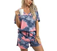 MIA LUCCE Pigiama da donna corto in cotone, biancheria da notte in due pezzi, da donna, estivo, con motivo carino, top e pigiama, con scollo rotondo, scollo a V, S-XXL, Blu Rosa Tiedye, XL