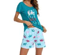 MIA LUCCE Pigiama da donna corto in cotone, biancheria da notte in due pezzi, da donna, estivo, con motivo carino, top e pigiama, con scollo rotondo, scollo a V, S-XXL, elefante, XL