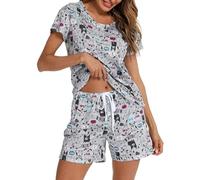 MIA LUCCE Pigiama da donna corto in cotone, biancheria da notte in due pezzi, da donna, estivo, con motivo carino, top e pigiama, con scollo rotondo, scollo a V, S-XXL, cane, L