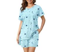 MIA LUCCE Pigiama da donna corto in cotone, biancheria da notte in due pezzi, da donna, estivo, con motivo carino, top e pigiama, con scollo rotondo, scollo a V, S-XXL, Stella azzurra, XL