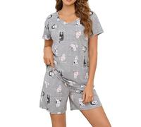 MIA LUCCE Pigiama da donna corto in cotone, biancheria da notte in due pezzi, da donna, estivo, con motivo carino, top e pigiama, con scollo rotondo, scollo a V, S-XXL, Gatto Nero Rosa, XXL