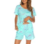 MIA LUCCE Pigiama da donna corto in cotone, biancheria da notte in due pezzi, da donna, estivo, con motivo carino, top e pigiama, con scollo rotondo, scollo a V, S-XXL, Farfalla blu, XXL