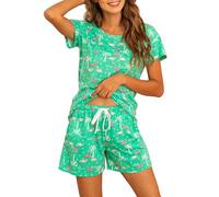 MIA LUCCE Pigiama da donna corto in cotone, biancheria da notte in due pezzi, da donna, estivo, con motivo carino, top e pigiama, con scollo rotondo, scollo a V, S-XXL, Fenicottero verde, L