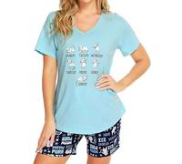 MIA LUCCE Pigiama da donna corto in cotone, biancheria da notte in due pezzi, da donna, estivo, con motivo carino, top e pigiama, con scollo rotondo, scollo a V, S-XXL, blu gatto, XXL