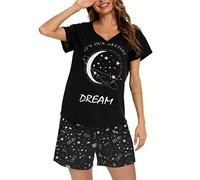 MIA LUCCE Pigiama da donna corto in cotone, biancheria da notte in due pezzi, da donna, estivo, con motivo carino, top e pigiama, con scollo rotondo, scollo a V, S-XXL, Stella nera, L