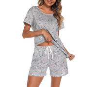 MIA LUCCE Pigiama da donna corto in cotone, biancheria da notte in due pezzi, da donna, estivo, con motivo carino, top e pigiama, con scollo rotondo, scollo a V, S-XXL, gatto, XXL