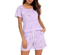 MIA LUCCE Pigiama da donna corto in cotone, set da 2 pezzi, pigiama estivo, biancheria da notte, con dolce motivo, top e pantaloncini da notte, sleepshirt, loungewear, con scollo tondo/a V, taglie