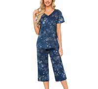 MIA LUCCE Pigiama da donna, in due pezzi, estivo, da notte, corto, in cotone, da casa Capri e da 3/4, taglie S-XXL, Stelle blu scuro, L