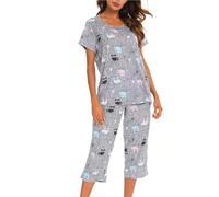 MIA LUCCE Pigiama da donna, in due pezzi, estivo, da notte, corto, in cotone, da casa Capri e da 3/4, taglie S-XXL, gufo, L
