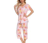 MIA LUCCE Pigiama da donna, in due pezzi, estivo, da notte, corto, in cotone, da casa Capri e da 3/4, taglie S-XXL, Fiori rosa, XL