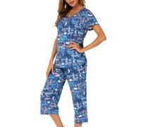 MIA LUCCE Pigiama da donna, in due pezzi, estivo, da notte, corto, in cotone, da casa Capri e da 3/4, taglie S-XXL, Alfabeto blu, 3XL