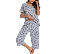 MIA LUCCE Pigiama da donna, in due pezzi, estivo, da notte, corto, in cotone, da casa Capri e da 3/4, taglie S-XXL, Piuma grigia, M