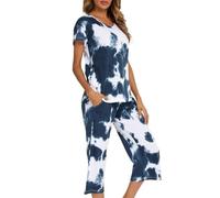 MIA LUCCE Pigiama da donna, in due pezzi, estivo, da notte, corto, in cotone, da casa Capri e da 3/4, taglie S-XXL, Coloranti connettivi bianchi blu, 3XL