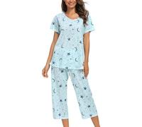 MIA LUCCE Pigiama da donna, in due pezzi, estivo, da notte, corto, in cotone, da casa Capri e da 3/4, taglie S-XXL, Stella azzurra, XXL