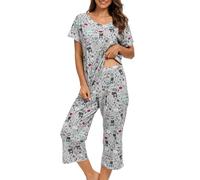 MIA LUCCE Pigiama da donna, in due pezzi, estivo, da notte, corto, in cotone, da casa Capri e da 3/4, taglie S-XXL, cane, L