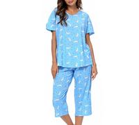 MIA LUCCE Pigiama da donna, in due pezzi, estivo, da notte, corto, in cotone, da casa Capri e da 3/4, taglie S-XXL, Luna blu, 3XL