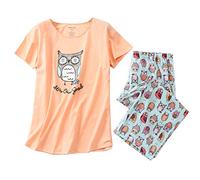 MIA LUCCE Pigiama da donna, in due pezzi, estivo, da notte, corto, in cotone, da casa Capri e da 3/4, taglie S-XXL, Gufo arancione, S