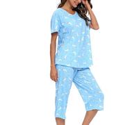 MIA LUCCE - Pigiama da donna, in due pezzi, estivo, in cotone, notte, casa, capri, maniche corte, top e pantaloni 3/4, taglie S-XXL, XL