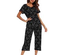 MIA LUCCE - Pigiama da donna, in due pezzi, estivo, in cotone, notte, casa, capri, maniche corte, top e pantaloni 3/4, taglie S-XXL, Gatto nero, XXL