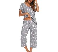 MIA LUCCE - Pigiama da donna, in due pezzi, estivo, in cotone, notte, casa, capri, maniche corte, top e pantaloni 3/4, taglie S-XXL, pinguin, M