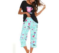 MIA LUCCE - Pigiama da donna, in due pezzi, estivo, in cotone, notte, casa, capri, maniche corte, top e pantaloni 3/4, taglie S-XXL, Tazza, XL