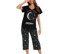 MIA LUCCE - Pigiama da donna, in due pezzi, estivo, in cotone, notte, casa, capri, maniche corte, top e pantaloni 3/4, taglie S-XXL, L