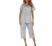 MIA LUCCE - Pigiama da donna, in due pezzi, estivo, in cotone, notte, casa, capri, maniche corte, top e pantaloni 3/4, taglie S-XXL, gatto grigio, L