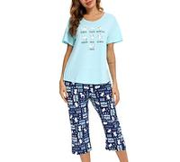 MIA LUCCE - Pigiama da donna, in due pezzi, estivo, in cotone, notte, casa, capri, maniche corte, top e pantaloni 3/4, taglie S-XXL, blu gatto, XXL