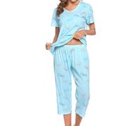 MIA LUCCE - Pigiama da donna, in due pezzi, estivo, in cotone, notte, casa, capri, maniche corte, top e pantaloni 3/4, taglie S-XXL, farfalla, 3XL